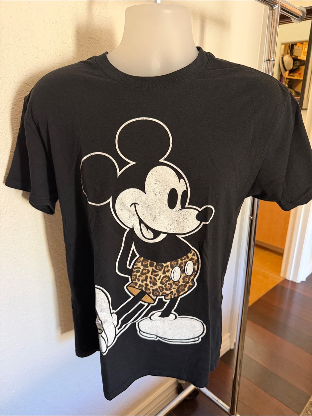 Black Mickey Mouse Graphic Tee with Leopard Print Shorts - Unbranded